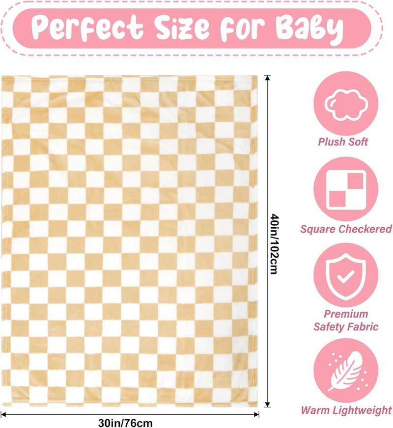 GreatBba Plush Checkered Baby Blanket for Boys Girls Nursery, 30"*40" Warm Short Fleece Blanket Neutral for Infant Newborn, Small Fuzzy for Sleeping, Chenille or Stroller (Sand Yellow&White) - Image 5